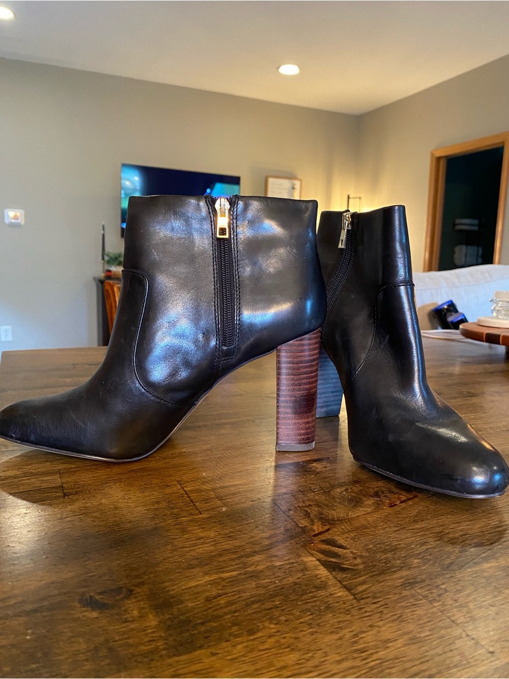 Ann Taylor Black Leather Ankle Booties with Stacked Wood Heel